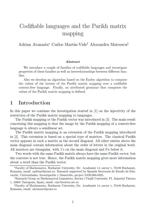 Restitutio | Codifiable languages and the Parikh matrix mapping